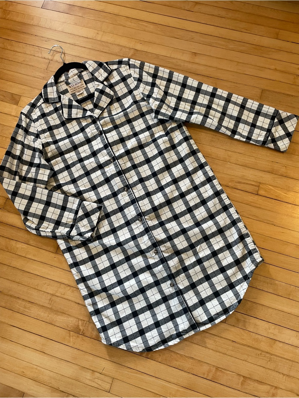 FILSON Flannel Pajama Sleep Shirt Western Dress Cotton Black Cream Plaid FLAW